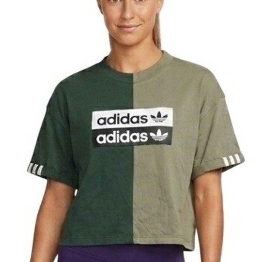 Adidas Shirt‎ Womens Small Green Colorblock Trefoil Logo Cropped Tee Streetwear